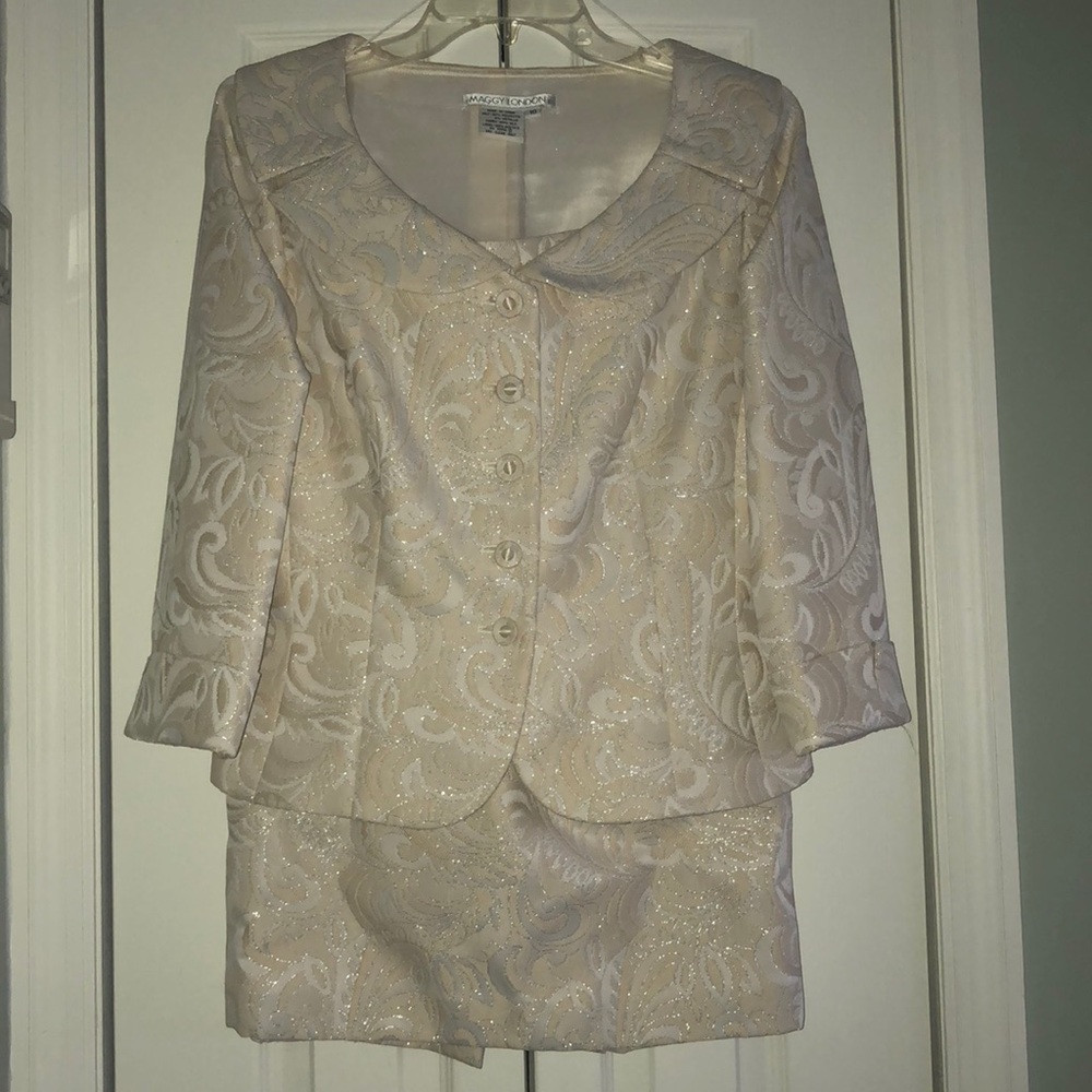Two piece Ivory and Silver skirt and jacket set